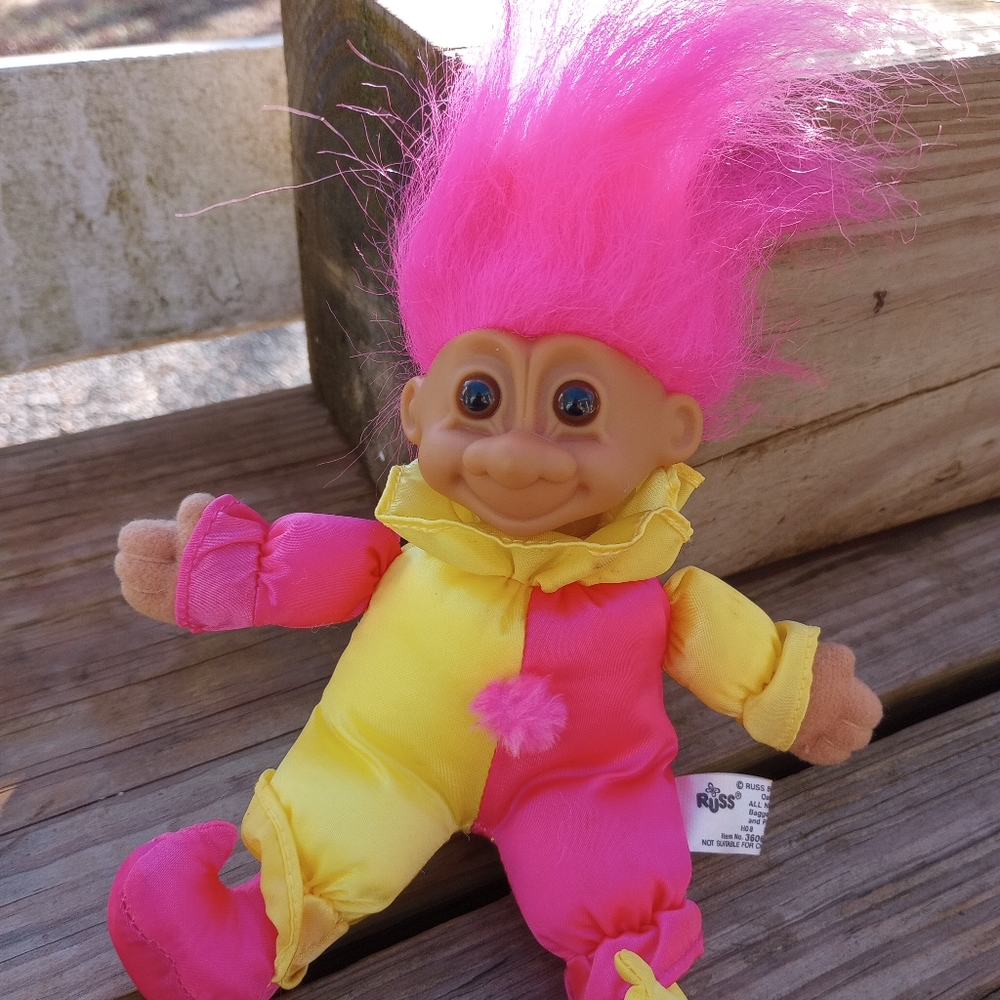 Vintage RUSS Troll Doll Jester Clown Yellow & pink Satin Suit  6”